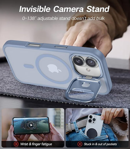 [Upgraded] for iPhone 16 Case with Camera Cover Stand [Fit for MagSafe][9H Camera Lens Protector] Mil-Grade Protection Translucent Matte Silicone Magnetic iPhone 16 Phone Case, Light Blue