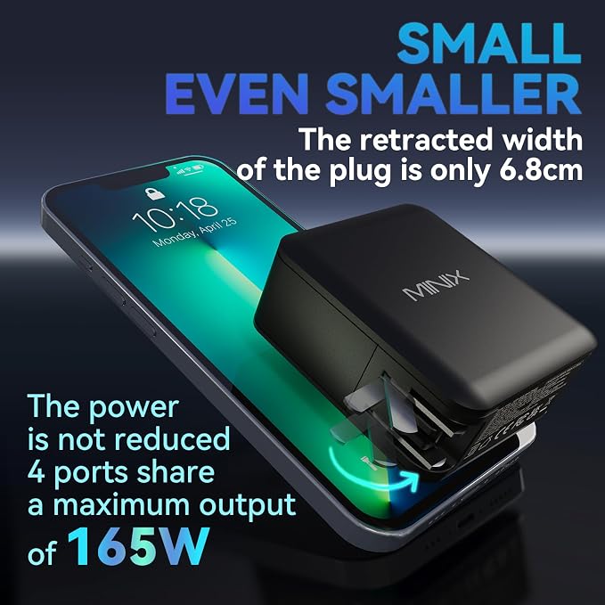 MINIX 165W USB C Charger,GaN II Charger PD3.1 Max 140W,Turbo 4-Port Charging Adapter, Fast Charging Station, Compatible with MacBook Pro/iPad Air/iPhone15 14 13Pro Max/Galaxy S24 Ultra and More