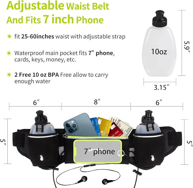 PYFK Running Belt with Water Bottles, Hydration Belt for Men and Women, Water Bottle Holder Running Pouch Water Belt, Fanny Pack Fits 7 inches Phones, Waist pack for Runner Jogging