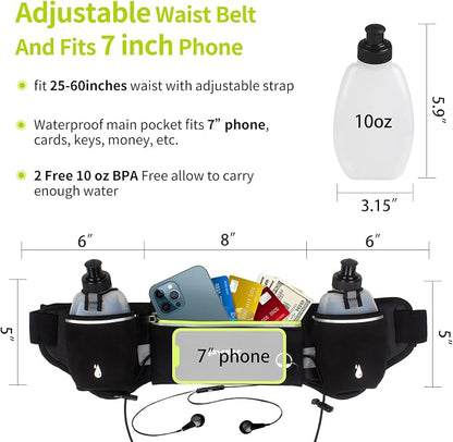 PYFK Running Belt with Water Bottles, Hydration Belt for Men and Women, Water Bottle Holder Running Pouch Water Belt, Fanny Pack Fits 7 inches Phones, Waist pack for Runner Jogging