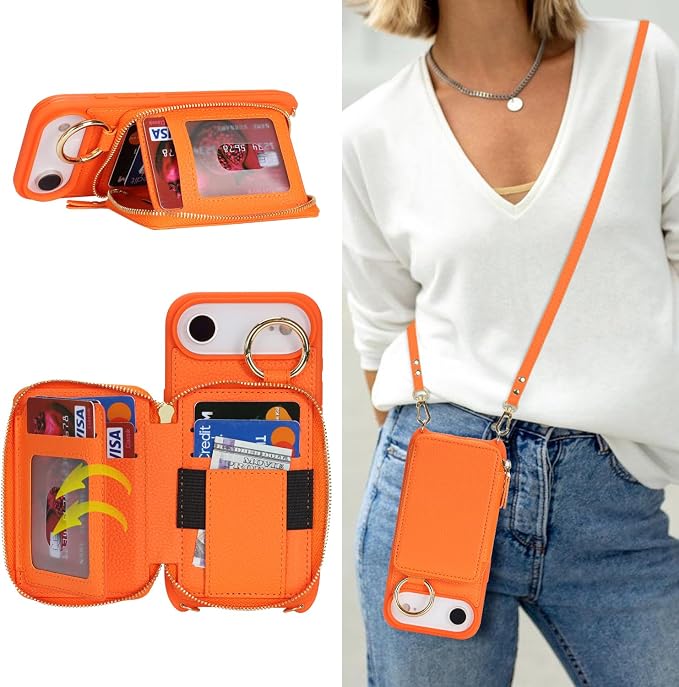 Crossbody Wallet Case for iPhone Air, PU Leather Zipper Handbag Purse Flip Cover, Kickstand Folio Case with Card Slots Holder Wrist Strap Lanyard 5G 6.5 Inch-Orange