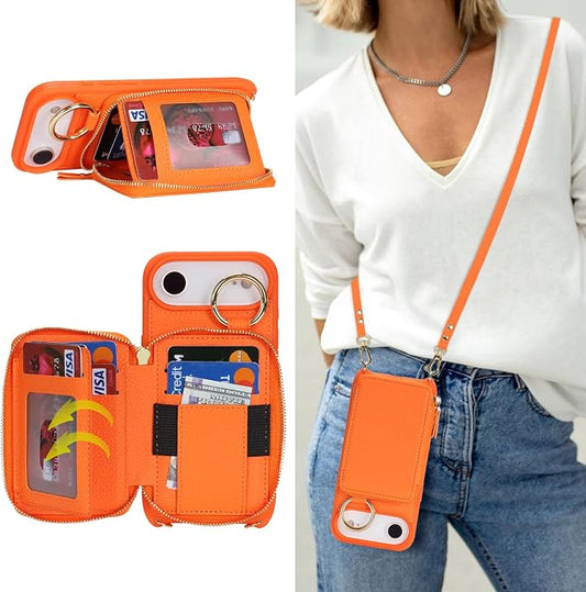 Crossbody Wallet Case for iPhone Air, PU Leather Zipper Handbag Purse Flip Cover, Kickstand Folio Case with Card Slots Holder Wrist Strap Lanyard 5G 6.5 Inch-Orange