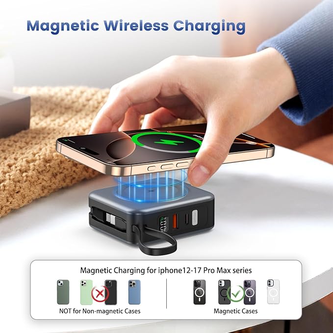 for Magsafe Portable Charger with AC Wall Plug, 6-in-1 Magnetic Wireless Power Bank 10000mAh Built-in Cables, 22.5W Type-C in&Out Fast Charging Battery Pack for iPhone 17/16/15/14/13/12 Series, Gray