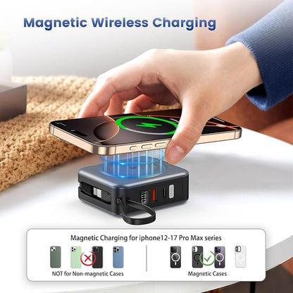 for Magsafe Portable Charger with AC Wall Plug, 6-in-1 Magnetic Wireless Power Bank 10000mAh Built-in Cables, 22.5W Type-C in&Out Fast Charging Battery Pack for iPhone 17/16/15/14/13/12 Series, Gray