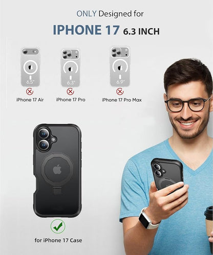 for iPhone 17 Case with Screen Protector, Built-in Seamless Stand, [Compatible with MagSafe] Protective Shockproof Phone Case, Magnetic Slim Cover for iPhone 17 6.3 Inch - Black