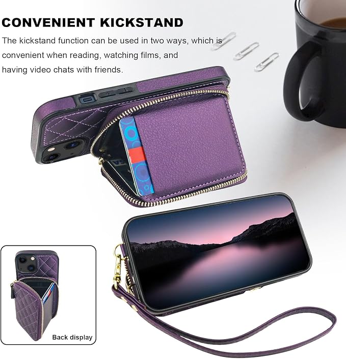 Bocasal Crossbody Wallet Case for iPhone 13, RFID Blocking PU Leather Zipper Handbag Purse Flip Cover, Kickstand Folio Case with Card Slots Holder Wrist Strap Lanyard 5G 6.1 Inch (Dark Purple)
