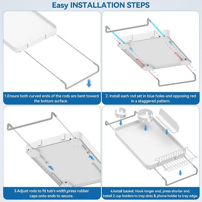 Bathtub Tray for Large Soaking Tub Table Tray Expandable Tub Shelf for Bathtub Caddy Bath Shelf Over Tub Luxury Bath Board Book Holder with Removable 2 Cup Holder Phone Metal Shower Caddy Basket White