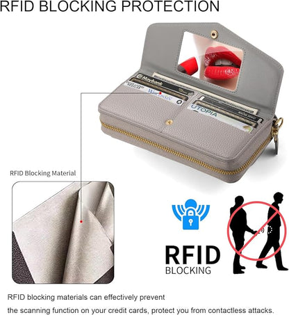 Crossbody Wallet Case for iPhone 16 Pro Max, Magnetic Detachable Floral PU Leather Phone Case with RFID Blocking Card Holder Wristlet Mirror Flip Zipper Shoulder Purse for Wome - Gray