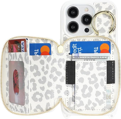 Crossbody Wallet Case for iPhone 14 Pro, PU Leather Zipper Handbag Purse Flip Cover, Kickstand Folio Case with Card Slots Holder Wrist Strap Lanyard 5G 6.1 Inch-White Leopard
