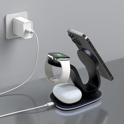 Wireless Charging Station, Qi2 15W 4-in-1 Charger Station for iPhone 17/16/15/14/13/12 Series, Watch Airpods 1-8/Ultra, iPad, AirPods (Black 4 in 1)