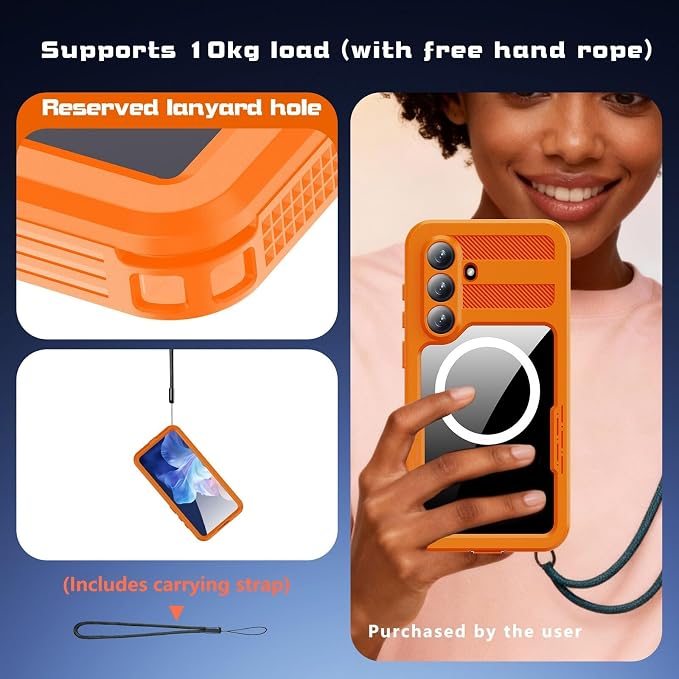 Omio for Galaxy S26+ Plus Waterproof Case Compatible with MagSafe Magnetic Waterproof Full Body IP68 Underwater Case Built-in Screen Protector Military Grade Shockproof Case for Men Women Orange