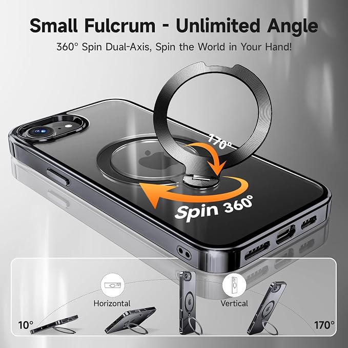 [Tri-Shield Protection] for iPhone 17e/16e Case with 360° Spin Stand Compatible with MagSafe [Magnetic CD Ring] [Screen & Camera Lens Protector] Shockproof Plating Never-Yellowing, Black-6.1"