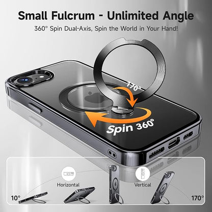 [Tri-Shield Protection] for iPhone 17e/16e Case with 360° Spin Stand Compatible with MagSafe [Magnetic CD Ring] [Screen & Camera Lens Protector] Shockproof Plating Never-Yellowing, Black-6.1"