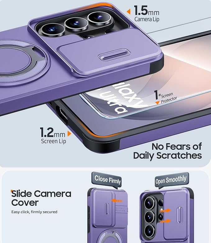 JAME for Samsung Galaxy S26 Ultra Case, Ring Holder Stand Kickstand, Slide Camera Cover with Screen Protector, Dual-Layer Shockproof Protective Magnetic Accessory Friendly S26 Ultra Phone Case, Purple
