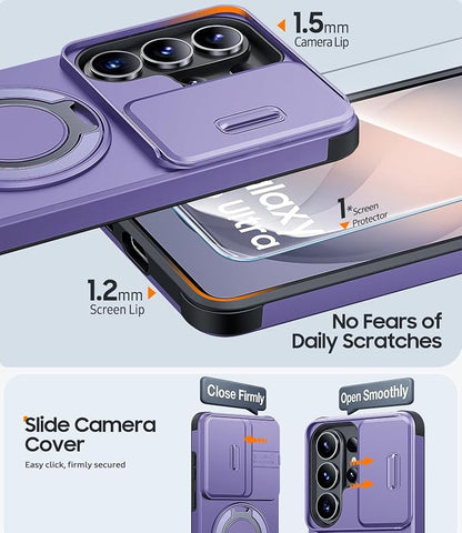JAME for Samsung Galaxy S26 Ultra Case, Ring Holder Stand Kickstand, Slide Camera Cover with Screen Protector, Dual-Layer Shockproof Protective Magnetic Accessory Friendly S26 Ultra Phone Case, Purple