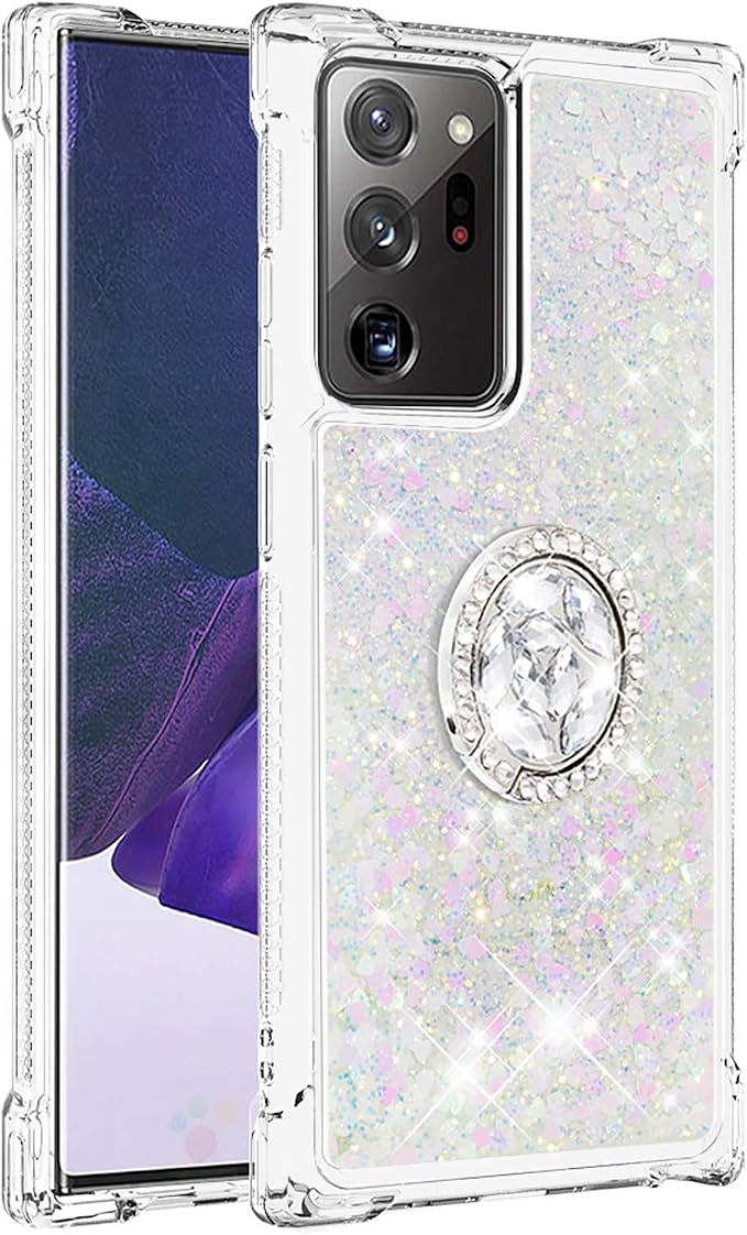 Glitter Phone Case for Galaxy Note 20 Ultra, Bling Liquid Case Bumper Protective Cover with Ring Holder Silicone Shockproof Case Transparent Back Case Compatible with Samsung Galaxy Note 20 Ultra