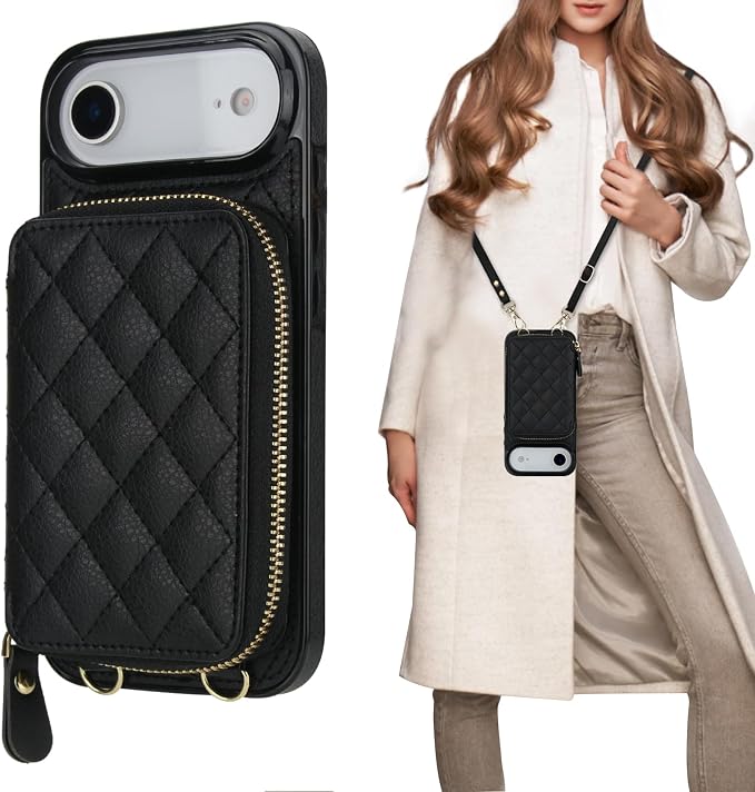 Bocasal Crossbody Wallet Case for iPhone 17 Air, RFID Blocking PU Leather Zipper Handbag Purse Flip Cover, Kickstand Folio Case with Card Slots Holder Wrist Strap Lanyard 5G 6.5 Inch (Black)
