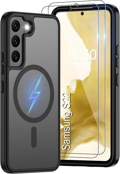 Pilaru for Samsung Galaxy S22 Case [Compatible with Magsafe] Translucent Matte Magnetic Phone Case,Slim Thin Duty Shockproof Protection Cover with 2pc HD Screen Protector-Black