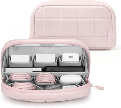 TOPEAST Quilted Cable Organizer Bag, Soft Tech Pouch & Travel Electronics Case with Elastic Pen Loop, Tangle-Free Cord Organizer for Women, Office Desk, AirPods, Chargers & Accessories, Pink