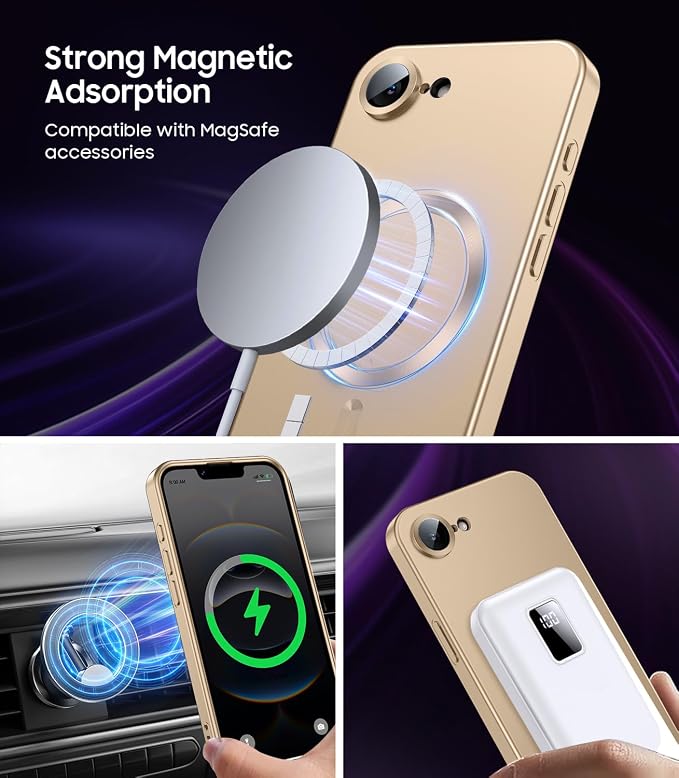 Magnetic for iPhone 16e / 17e Case [Compatible with MagSafe][Built-in Camera Lens Protector] Slim Soft Silicone Bumper Shockproof Metallic Luster 17e Phone Case (Gold)