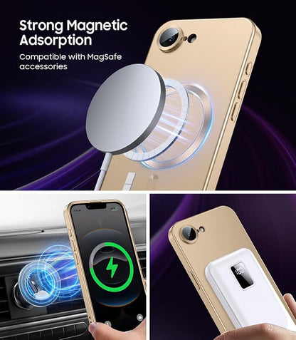 Magnetic for iPhone 17e Case/iPhone 16e Case [Compatible with MagSafe][Built-in Camera Lens Protector] Slim Soft Silicone Bumper Shockproof Metallic Luster 17e Phone Case (Gold)