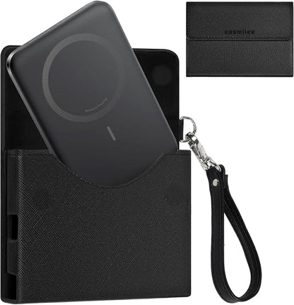 Power Bank Case for Anker Nano Ultra-Slim 5,000mAh Magnetic Wireless Charging Battery, Portable PU Leather Charger Sleeve with Magnetic Closure, Built-in Charging Port Access & Wrist Strap (Box Only)