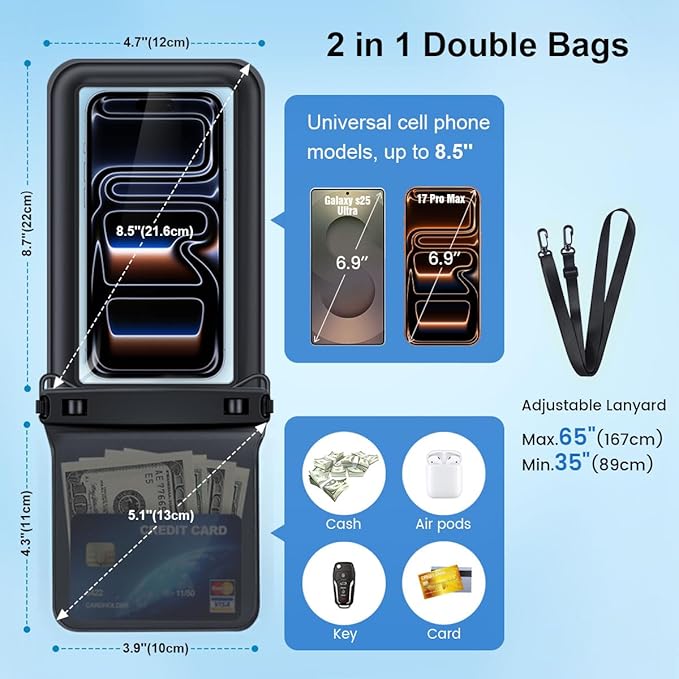 [Up to 8.5''] Floating Waterproof Phone Pouch 2 Pack, IPX8 Double Space Waterproof Phone Case with Lanyard for iPhone 17 16 15 Pro Max, Galaxy S26 Ultra, Cellphone Dry Bag Beach Cruise Ship Essentials