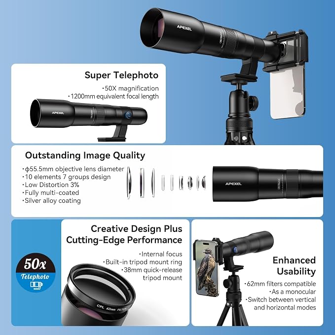 APEXEL 50x Telephoto Lens for iPhone & Android Phones | Wildlife Moon Photography Monocular Telescope | with Universal Clip & Tripod | High-Definition Optical Zoom Lens for Landscapes Target Viewing