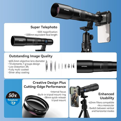 APEXEL 50x Telephoto Lens for iPhone & Android Phones | Wildlife Moon Photography Monocular Telescope | with Universal Clip & Tripod | High-Definition Optical Zoom Lens for Landscapes Target Viewing