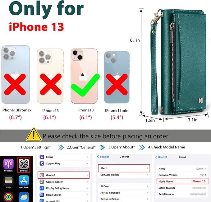 Wallet Case for iPhone 13 with Card Holder/Crossbody Wallet/Strap| RFID Blocking | Magnetic | Kickstand | Detachable | PU Leather Phone Case for iPhone 13,6.1 in,Green