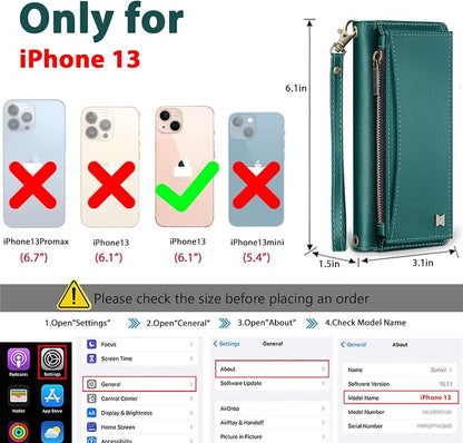 Wallet Case for iPhone 13 with Card Holder/Crossbody Wallet/Strap| RFID Blocking | Magnetic | Kickstand | Detachable | PU Leather Phone Case for iPhone 13,6.1 in,Green