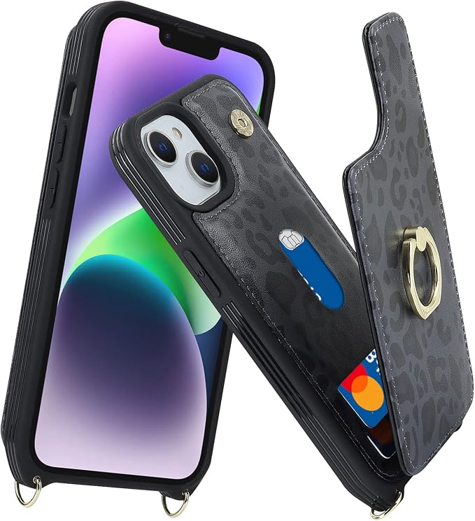 Lipvina for iPhone 14 Plus Case with Card Holder and Strap for Women,Crossbody Lanyard,RFID Blocking,Stand Ring Kickstand,Snap Clasp,Cute Phone Wallet Cases 6.7 inch - Black Leopard
