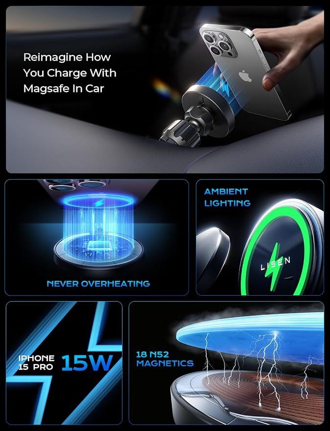 LISEN for 15W MagSafe Car Mount Charger,Magnetic Wireless Car Charger for iPhone 17 Pro Max Accessories,Magnetic Phone Holder for iPhone 17-12,Pixel,Jeep Ford F150,Carbon Fiber,Gifts for Men