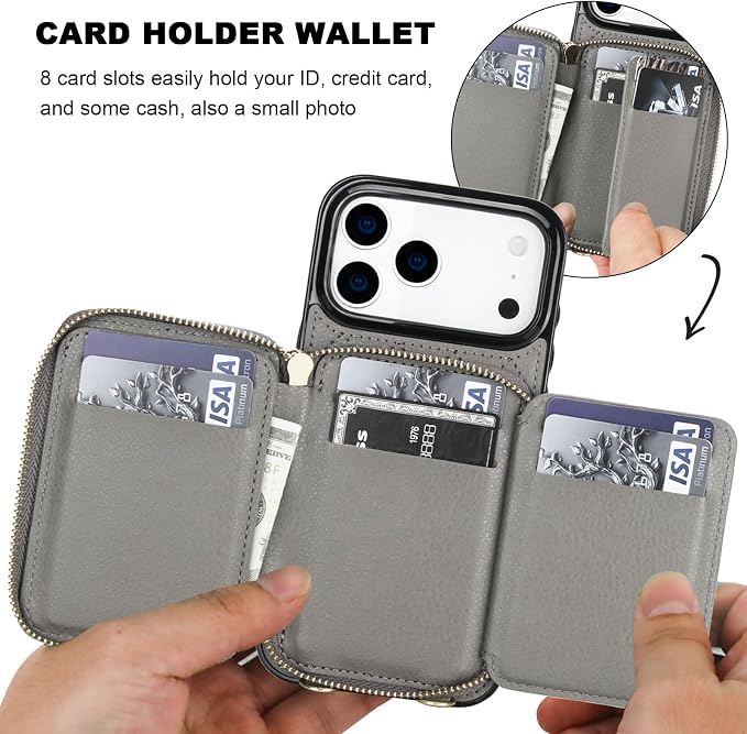 Bocasal Crossbody Wallet Case for iPhone 17 Pro Max, RFID Blocking PU Leather Zipper Handbag Purse Flip Cover, Kickstand Folio Case with Card Slots Holder Wrist Strap Lanyard 5G 6.9 Inch (Grey)