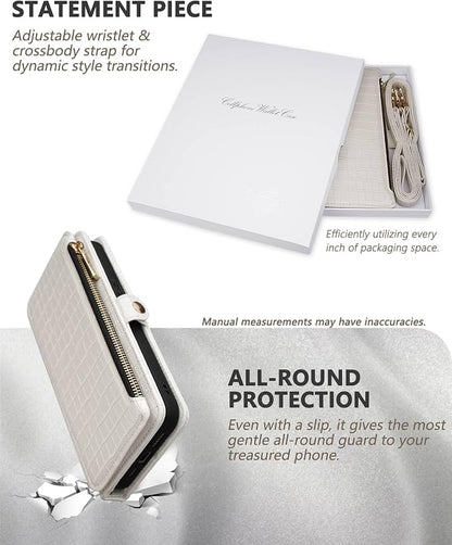 Crossbody Wallet Case for iPhone 14 Pro Max with Mirror, Wrist Strap, Zipper Purse Magnetic Flip RFID Blocking Card Holder, Wireless Charging, PU Leather Shockproof 6.7" Women (White)