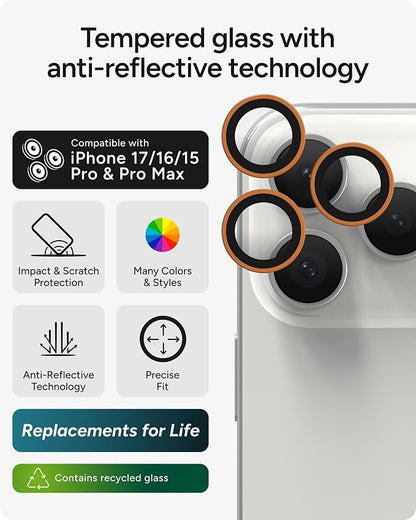 ZAGG iPhone Camera Lens Protector for iPhone 17/16/15 Pro and Pro Max Models - Orange, Camera Ring, Maximum Impact & Scratch Protection, Anti-Reflective Technology, Smudge-Resistant, Glass Elite