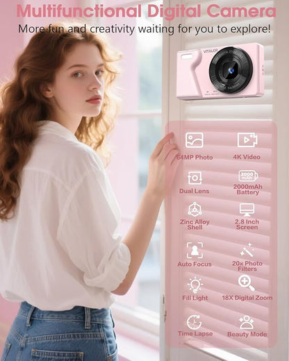 Digital Camera with Front Rear Lens, Autofocus 64MP 4K Camera for Photography with 32GB Card, Portable Compact Point and Shoot Camera for Teens Adult Beginner with Metal Shell, 2000mAh Battery