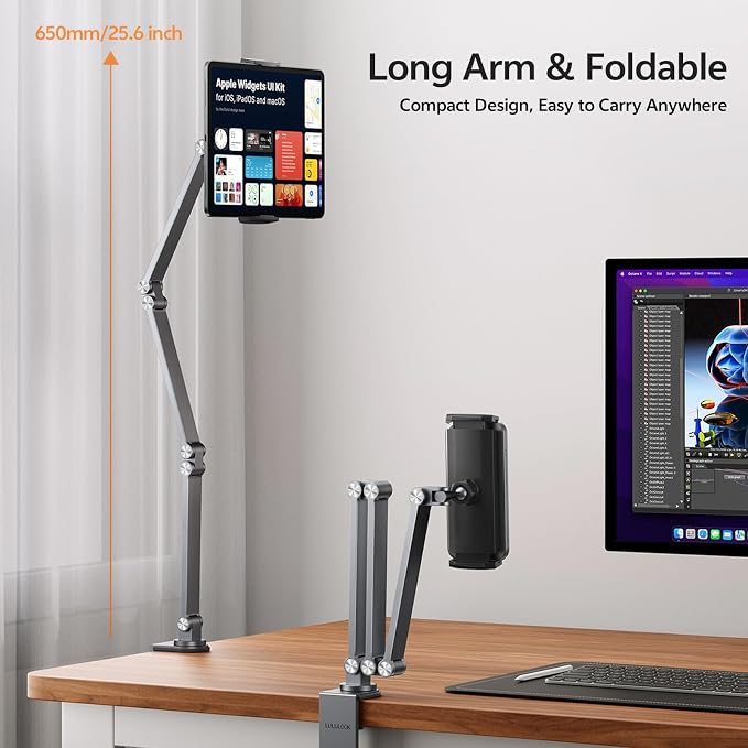 LULULOOK Tablet Stand iPad Phone Holder for Desk, Heavy Duty Aluminum 360° Rotating & Foldable Arm Mount Kindle Holder for Bed, Stand for iPad Pro, Kindle, Portable Monitor, Max 15.6"