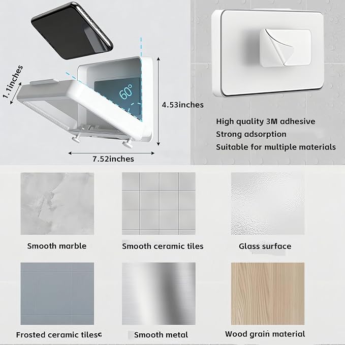 Waterproof Shower Phone Holder with 360° Rotation, Angle Adjustable,Anti-Fog High Sensitivity iPhone Case,Wall Phone Mount Stand for Bathroom Mirror Bathtub Kitchen, for 4-7’’ cellphones (Sonw White)