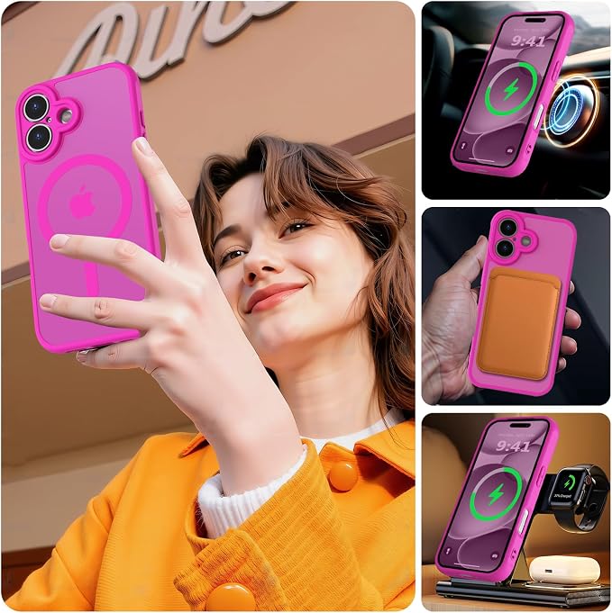 MOCCA Magnetic for iPhone 17 Case, (Compatible with Magsafe) (16FT Military Grade Protection) Full Camera Protection Anti-Fingerprint Slim Translucent Matte Phone Cover 6.3",Hot Pink