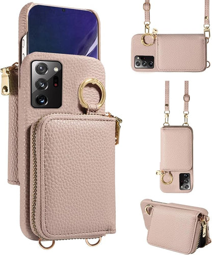 Wallet Case for Samsung Galaxy Note 20 Ultra 5G, Shoulder Strap Ring Buckle, Zipper Flip Organ Purse, Card Holder Phone Cover for Note20 Plus Notes 20Ultra Note20+ U + 20+ Twenty Not S20 Khaki
