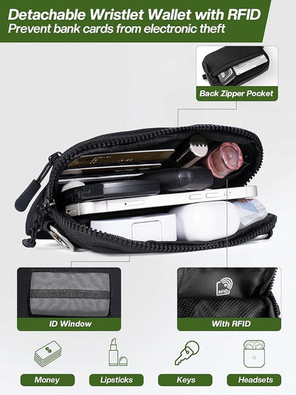 Clip and Go Strap for Phone with Wallet Crossbody Phone Lanyard Adjustable and Detachable RFID Wristlet Wallet with ID Window and Zipper, Black(L)