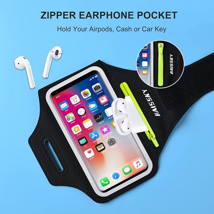 Phone Armband for Running Cell Phone Armband with Zipper Pocket for Earbuds Car Keys, Water Resistant Sport Arm Band for iPhone 17 16 15 12 11 Pro Galaxy S24 S20 Fit Up to 6.7'' with Phone Case