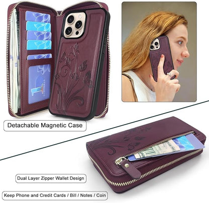 Lacass for iPhone 16 Pro Max 6.9 inch 2024 Wallet Case, Crossbody Dual Zipper Detachable Magnetic Leather Wallet Case Cover Wristlets Wrist Strap 13 Card Slots Money Pocket(Floral Wine Red)