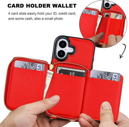 Bocasal RFID Blocking Wallet Case for iPhone 17, Adjustable Crossbody Zipper Purse Case Card Holder with Kickstand Detachable Wrist Strap, PU Leather Flip Folio Case 6.3 Inch 5G (Red)
