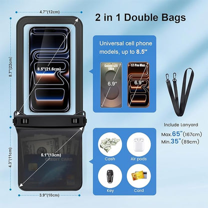Rynapac IPX8 Waterproof Phone Pouch 2 Pack, [Up to 8.5''] Double Space Waterproof Phone Case with Lanyard for iPhone 17 16 15 14 Pro Max, Cellphone Dry Bag for Beach Vacation Cruise Essentials