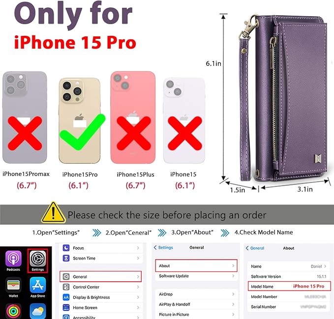 Wallet Case for iPhone 15 Pro with Card Holder/Crossbody Wallet/Strap| RFID Blocking | Magnetic | Kickstand | Detachable | PU Leather Phone Case for iPhone 15 Pro,6.1 in,Purple