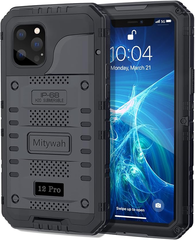 Mitywah Waterproof Case for iPhone 12 Pro, Heavy Duty Shockproof Case with Built-in Screen Protector, Full Body Underwater Protective Metal Case 6.1 inch, Black