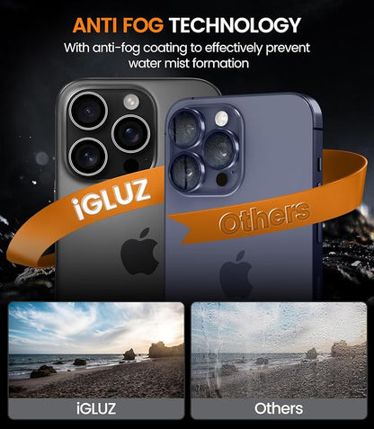 iGluz 2 Pack 9H Tempered Glass Camera Lens Protector for iPhone 15 Pro/15 Pro Max - 1-Step Installation Tray, Anti-Reflection, Scratch & Shatterproof, Black Titanium