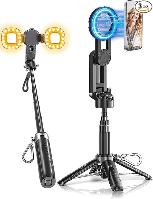 Magnetic Selfie Stick Tripod with 2 Selfie Light, Phone Tripod, Portable Pocket Size Selfie Stick with Rechargeable Remote and Metal Ring, Compatible with iPhone/Android for Photo/Video
